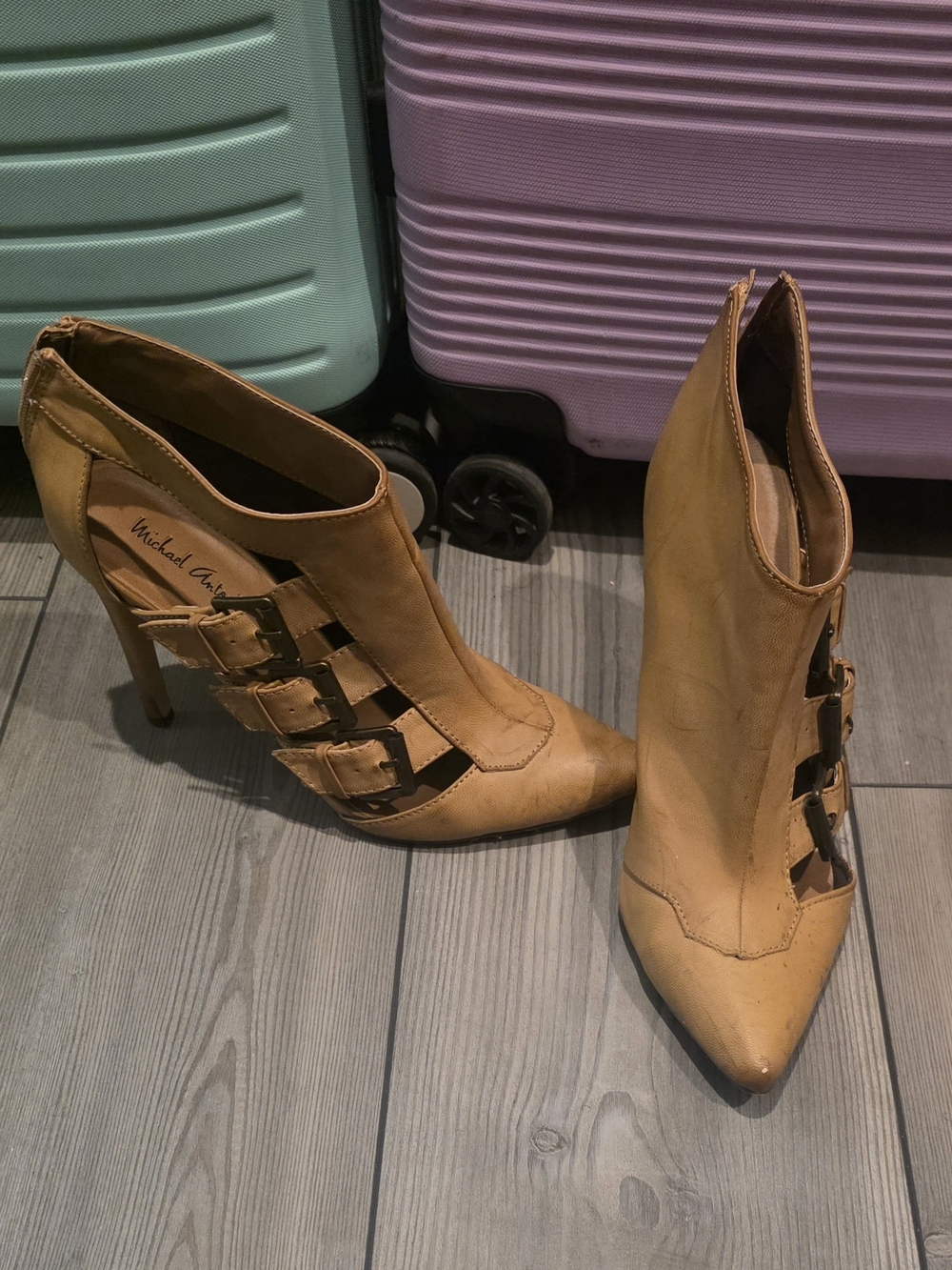 Michael Antonio Tan Strappy Pointed-Toe Ankle Booties